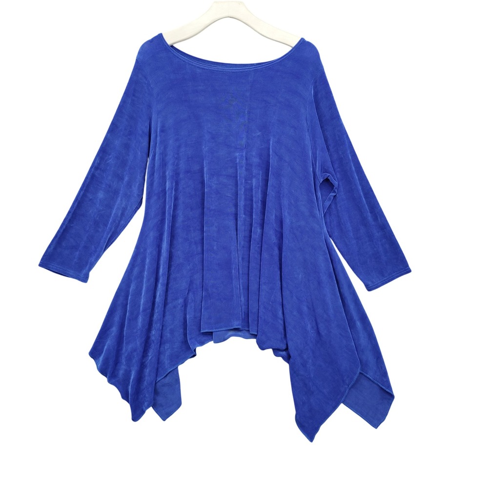 Heydari Womens Lagenlook Avant Garde Stretchy Tunic Top M Blue Sharkbite Hem USA